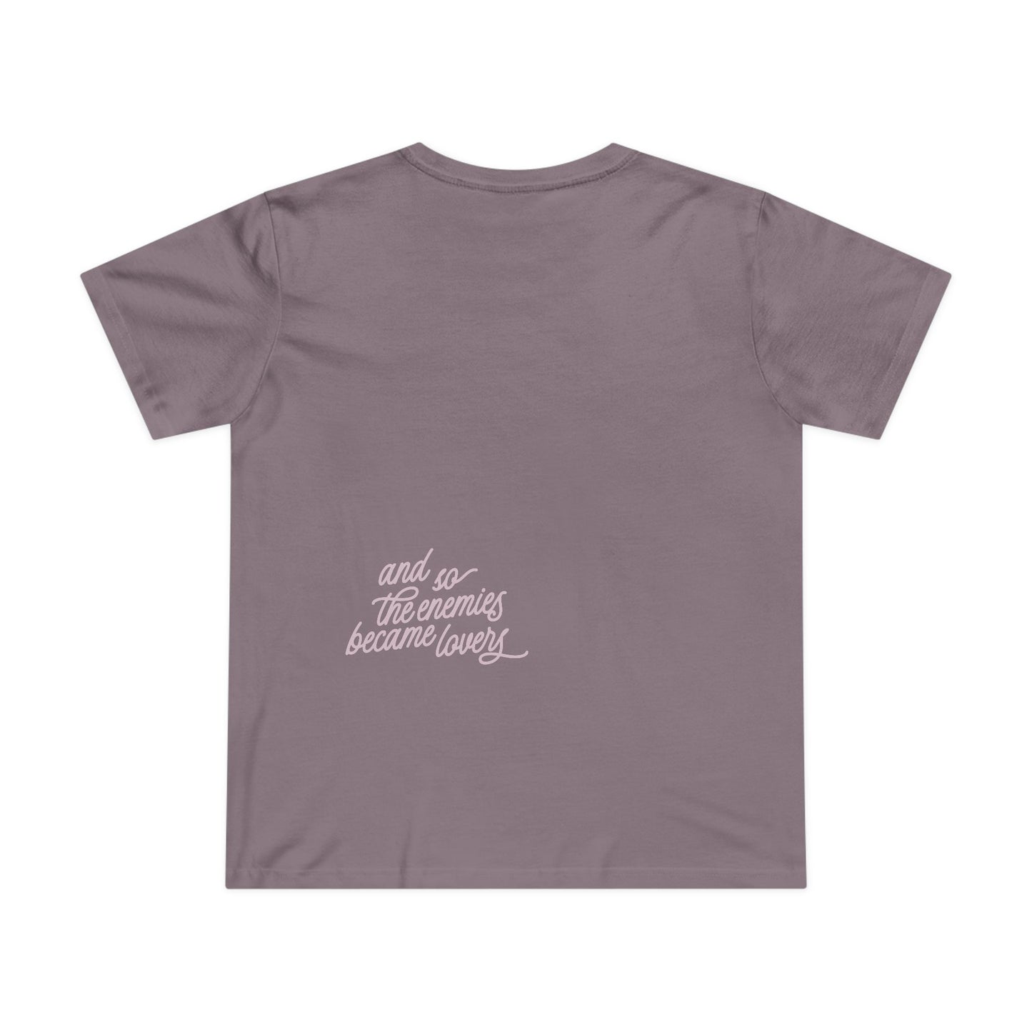 Purple t-shirt with 'and so the enemies became lovers' text printed multiple times on a white background