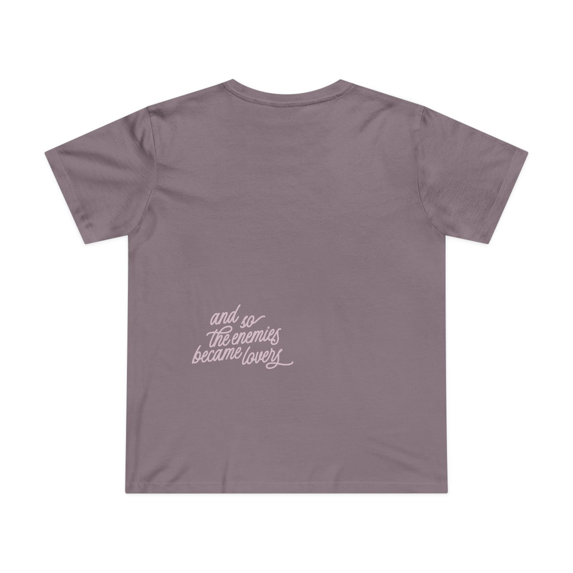 Purple t-shirt with 'and so the enemies became lovers' text printed multiple times on a white background